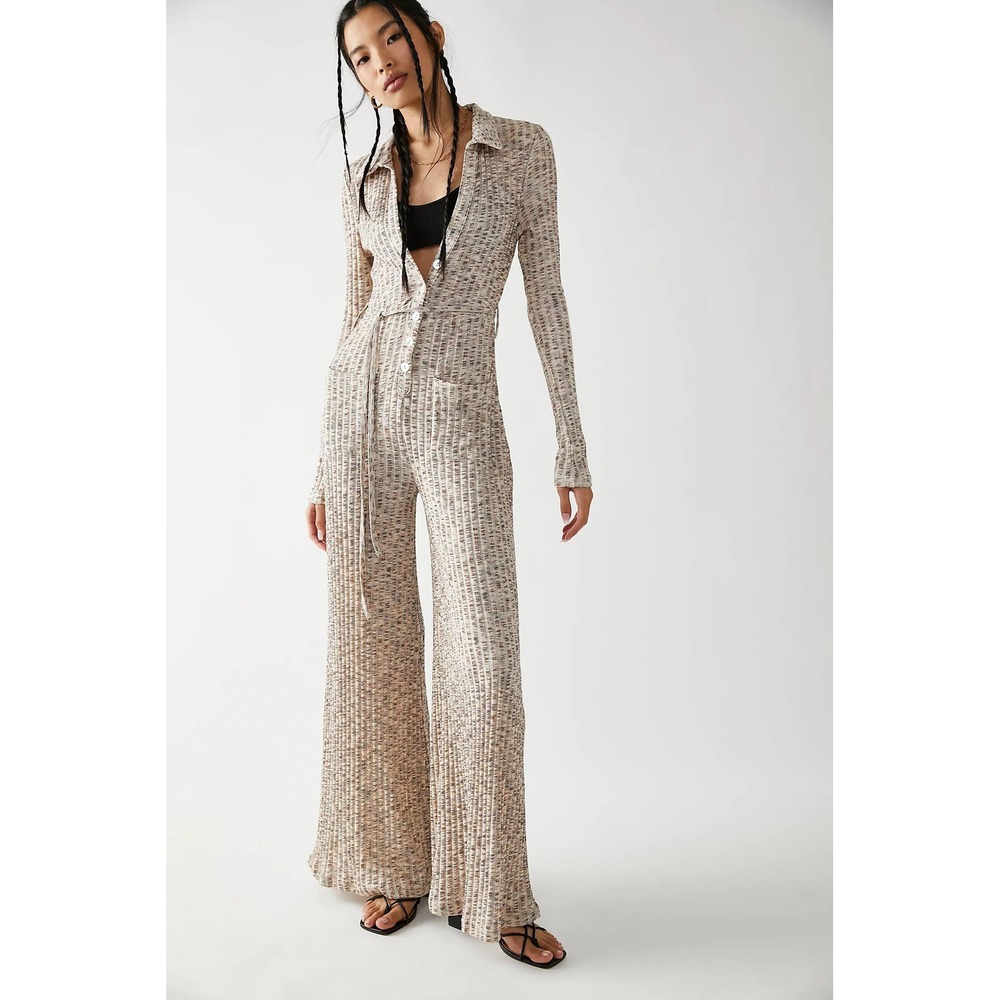 Free People Lost In Space Jumpsuit Beige Ribbed Knit Wide Leg 70s Boho Size L